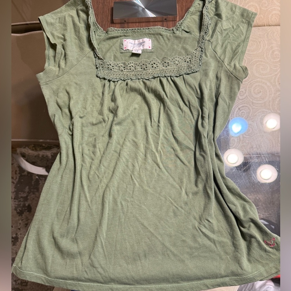 American Eagle Outfitters Olive Lace Detail Blouse